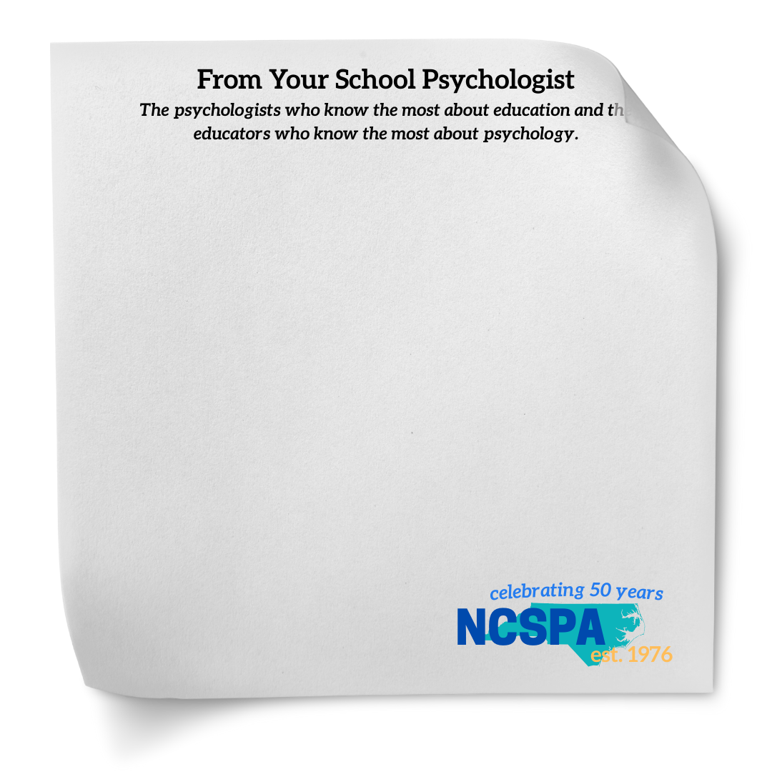 Mock-up of swag post-it notes with 50th logo and School Psychologists are the Psychologists who know the most about Education and the Educators who know the most about Psychology.